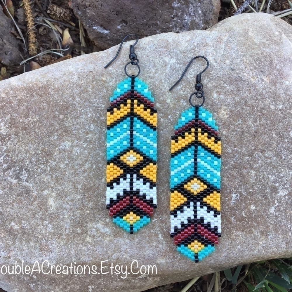 Southwest Turquoise Feathers Beaded Earrings, New, Handmade by Me - Picture 2 of 7